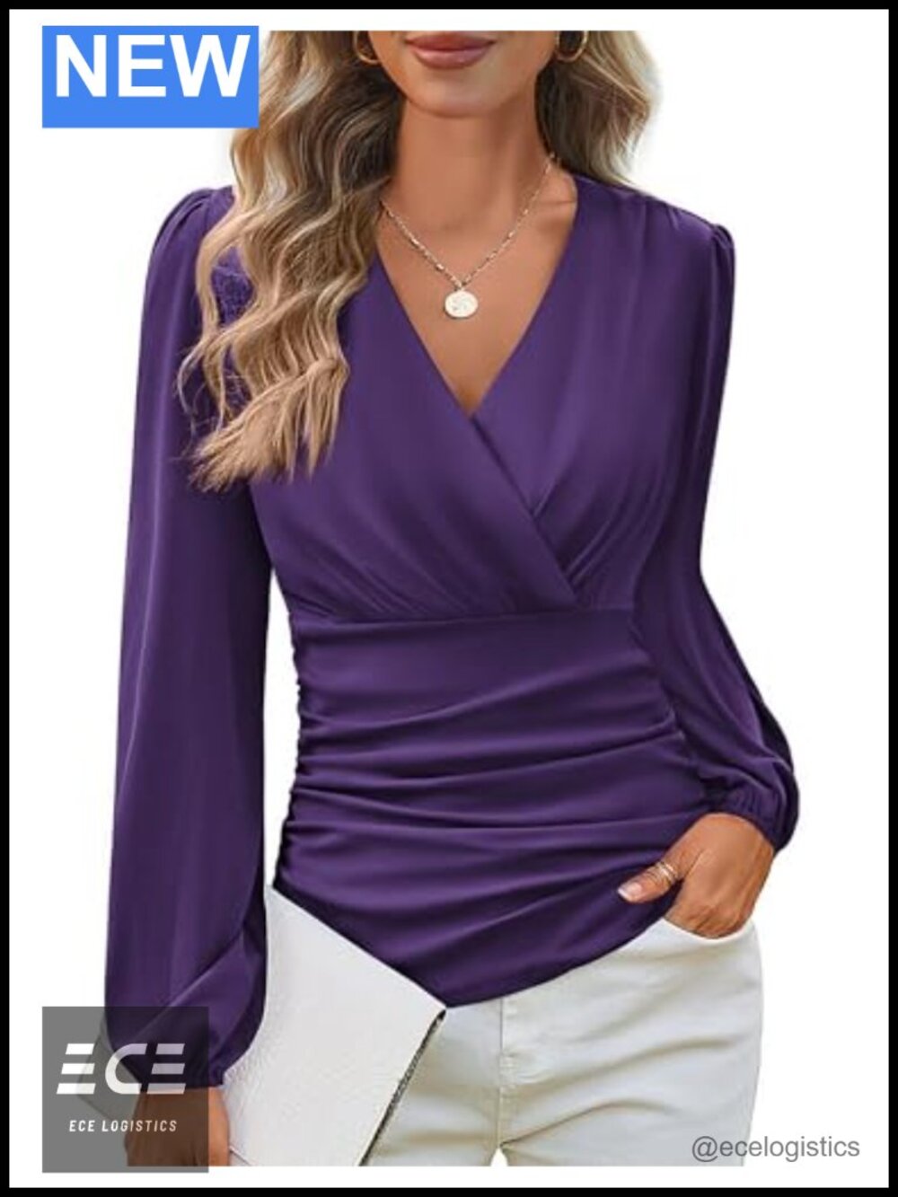 Womens Long Sleeve Wrap Blouse V-Neck Ruched Front Lantern Sleeve Dressy Top